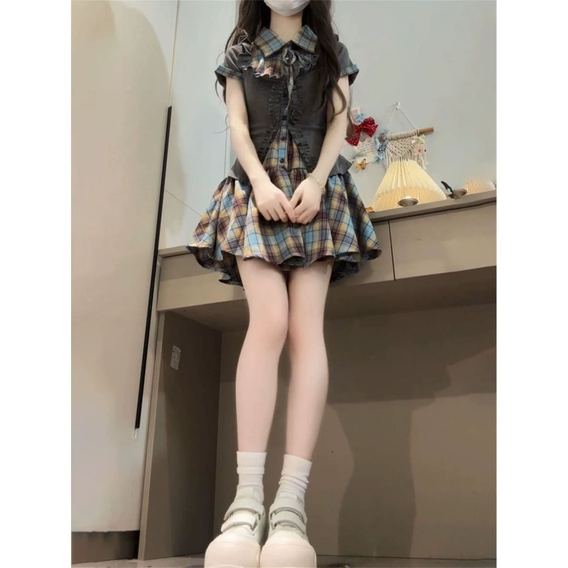 Чистый, соблазнительный, сладкий костюм-двойка JK, клетчатое утягивающее платье, милое платье с серым кардиганом с грибами