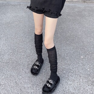 Simple style high-end version all-match cotton yarn thick stripe stitching pile calf socks over the knee socks two-wear white gray boot socks