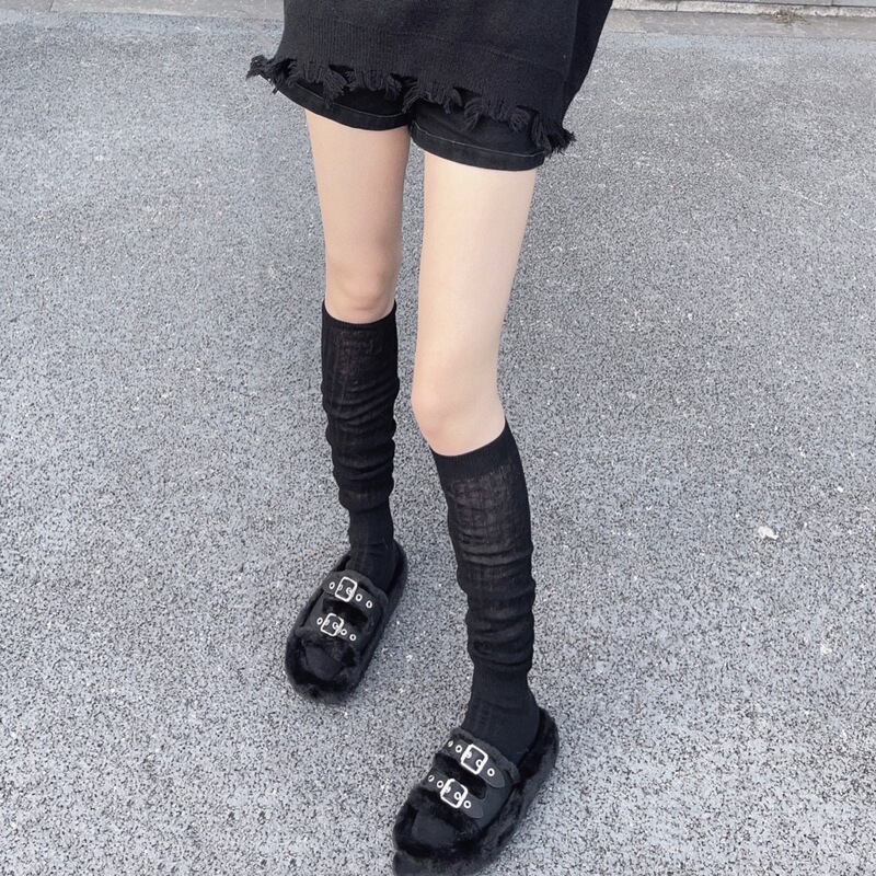Simple style high-end version all-match cotton yarn thick stripe stitching pile calf socks over the knee socks two-wear white gray boot socks Simple style high-end version all-match cotton yarn thick stripe stitching pile calf socks over the knee socks two-wear white gray boot socks