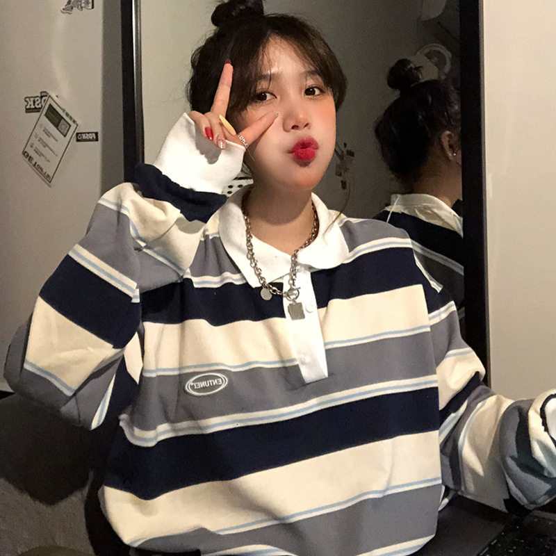 春秋韩版学生新款宽松中长款POLO领条纹盐系无帽流行长袖卫衣女装