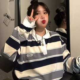 春秋韩版学生新款宽松中长款POLO领条纹盐系无帽流行长袖卫衣女装