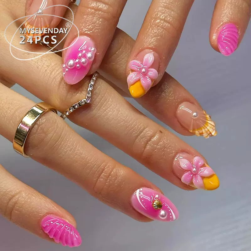 外贸专供手工穿戴甲欧美风冰透贝壳立体雕花猫眼杏仁甲可拆卸美甲