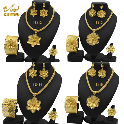 European and American Wedding Jewelry Set, Copper Plated Gold Earrings, Necklace, Ring, Open Bracelet, Non-Fading Chain, Wholesale