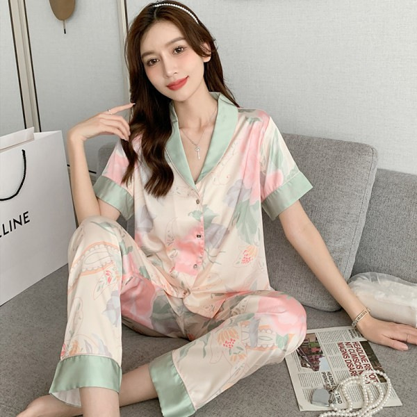 Spring New Pajamas Women's Elegant Flower Short-sleeved suit Internet-famous Ice Silk Outwear Peony Flower Light Luxury Home Clothes