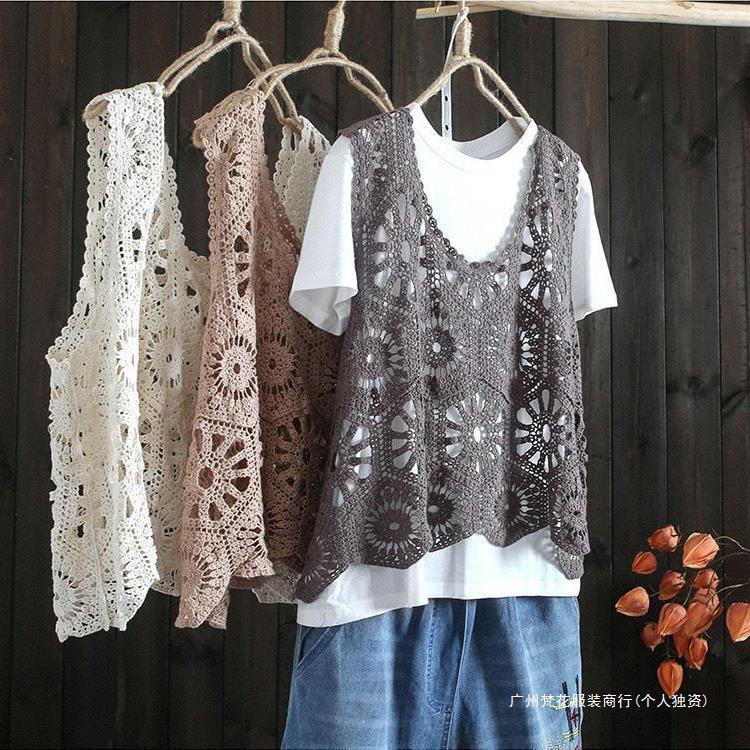 in stock 2024 Artistic Vintage Hollow Cotton Knitted Vest Women's Loose Slimming Crochet Vest Top