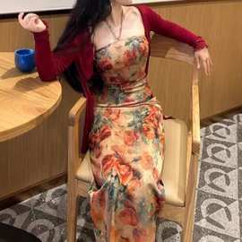 2025年夏季新中式国风改良纯欲风复古旗袍高级连衣裙网纱开衫套装