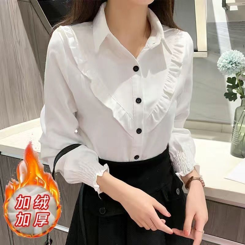 加绒加厚红色秋冬新款灯笼袖时尚长袖衬衫女宽松内搭衬衣外套保|undefined