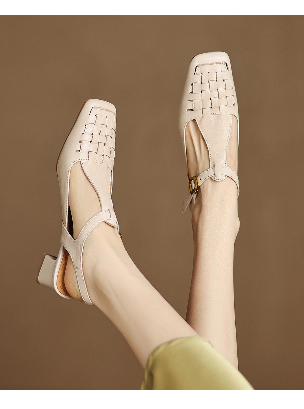 Sandal Mary Jane nữ mũi vuông da bò gót thấp quai chữ T đan dây — đen chi tiết 6