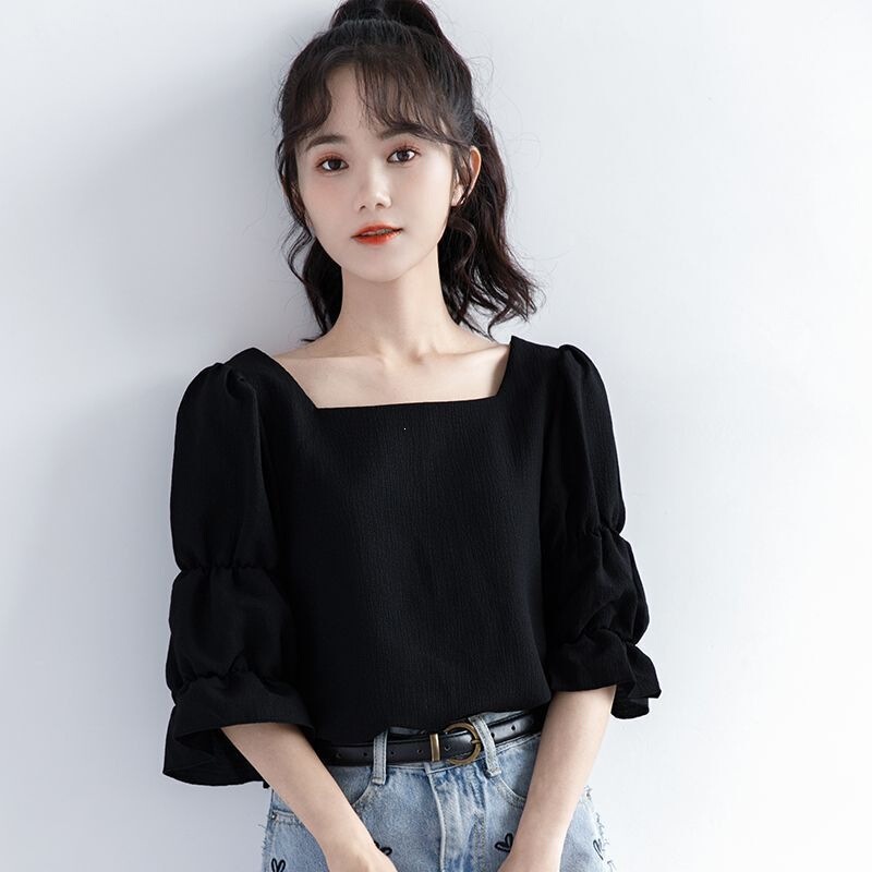 Summer Plus-Size Women's Clothing 100kg Puff-Sleeve Chiffon Shirt High-End Women's Black Loose Half-Sleeve Low-Neck Top