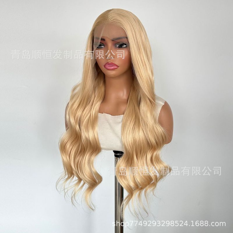 外贸欧美网红假发女 前蕾丝中长款波浪卷发金色化纤头套 工厂批发|undefined
