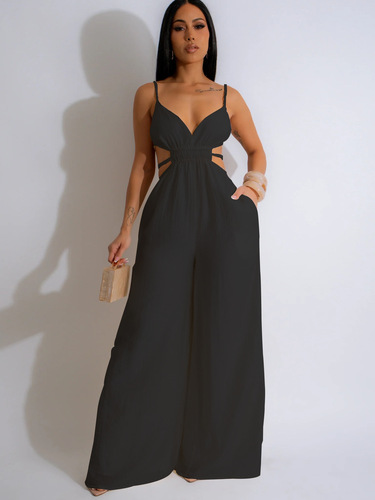 TZ9001 Western and Eastern Pure Color Women's Wide Leg Bodysuit Backless Fashion and Versatile Elegant