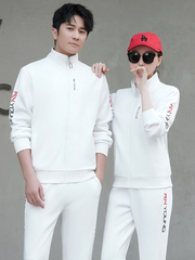 春秋時尚潮流情侶白色運動套裝男女大碼長袖外套鍛煉跑步服三件套