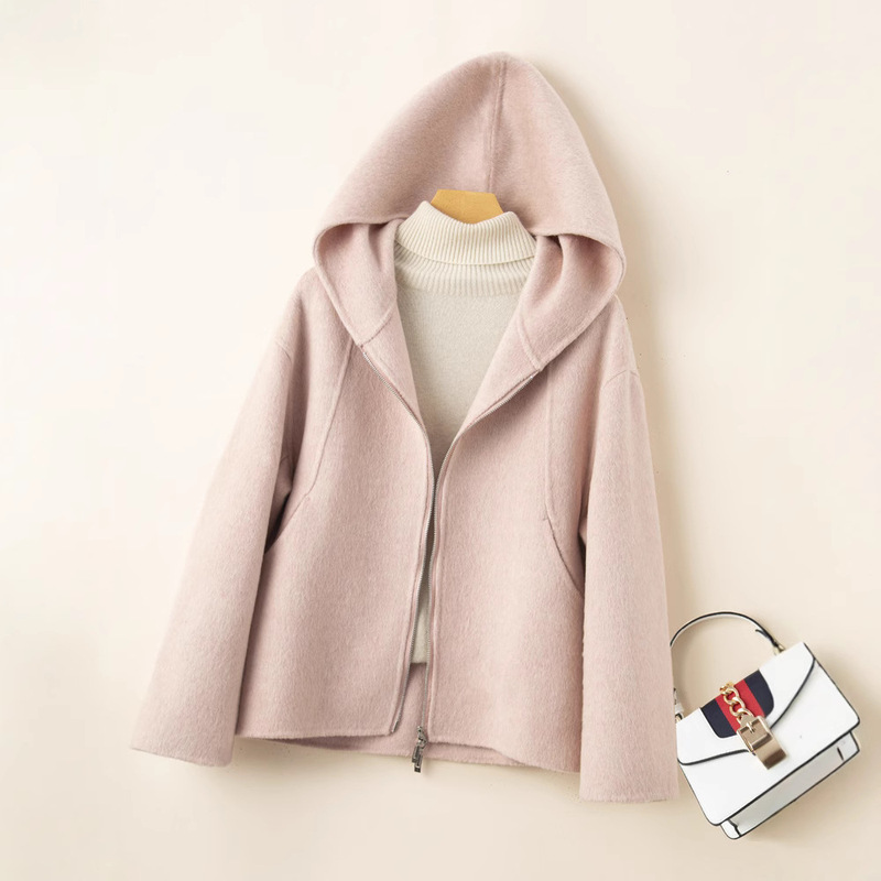 Pure Wool Women's Hooded Pure Color Casual Loose Elegant Work Clothing Fashion Long-Sleeved Zipper Double-Sided Woolen Coat with Pockets