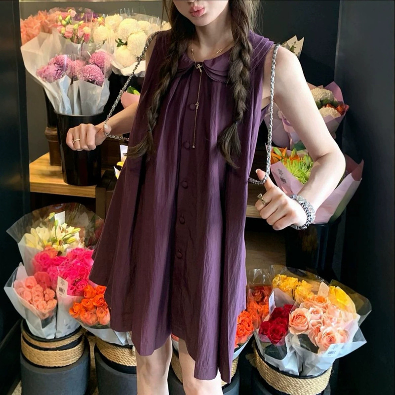 Aaaxbb Berry and Sake Three-Layer Collar Doll Dress Lyocell Sleeveless Dress Korean Style Tank Dress