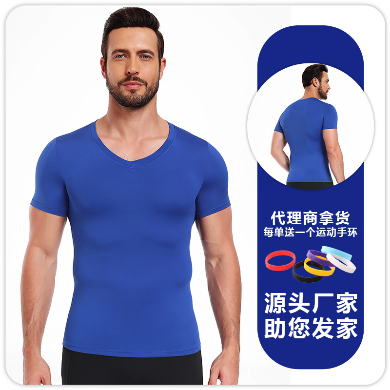 Hombres camiseta de cuello en V ajustado de color sólido de alto elástico camiseta deportiva de base rápida secado transpirable acondicionamiento físico correr baloncesto mangas cortas