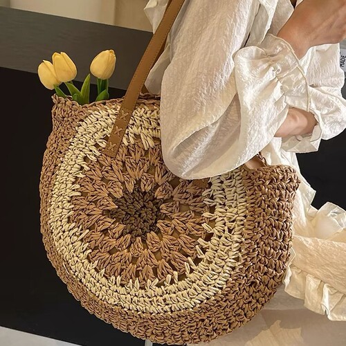 2024 New Paper Rope Lattice Colorful Large Round Grass Woven Bag Casual Beach Bag Single Shoulder Fashion Woven Handbag for Women