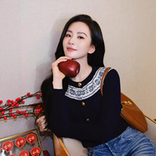 刘诗诗明星同款秋款羊毛开衫女装圆领提花针织外套毛衣外搭上衣