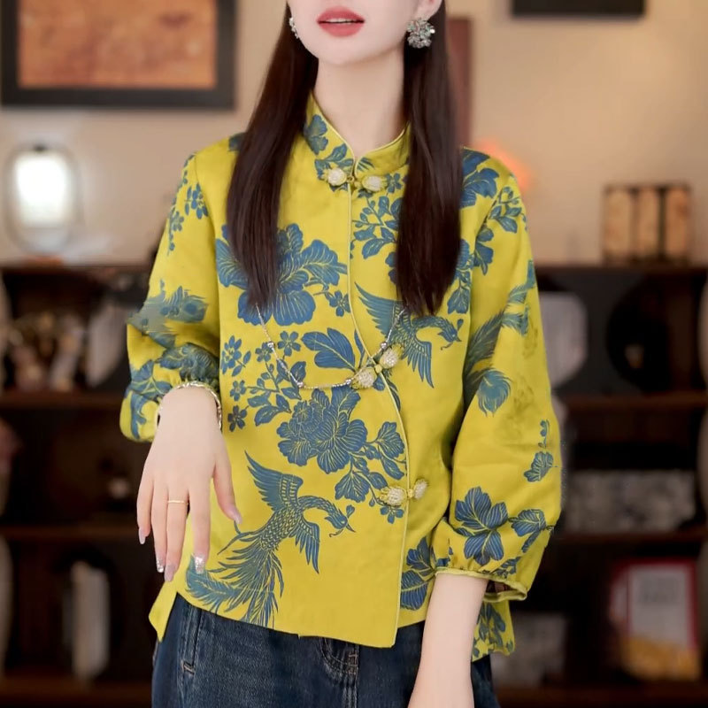 香云纱国风上衣盘扣七分袖新中式小衫提花立领桑蚕丝真丝衬衫女秋|undefined