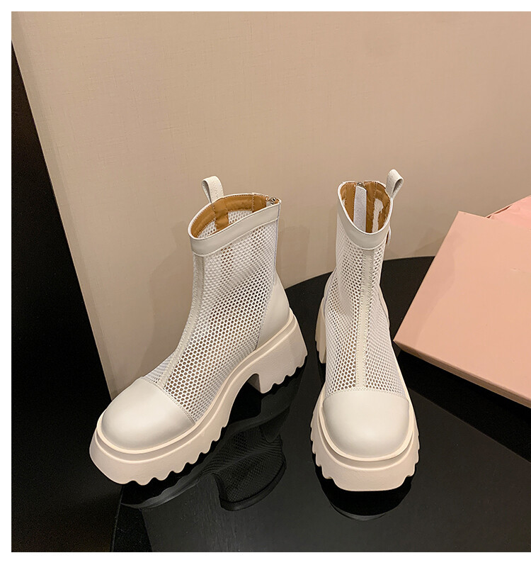 Boot nữ cổ cao đế dày gót bánh xốp da bò lưới thoáng khí xuân hè 2024 — Màu đen, Màu trắng be chi tiết 21