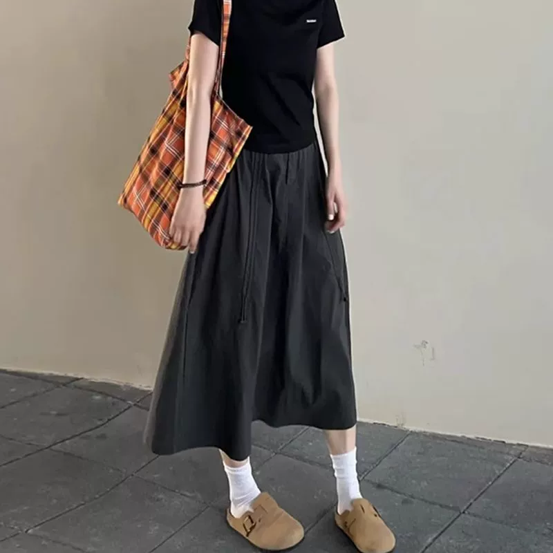 Quick dry skirt, A-line, for pear shaped body, plus size, drawstring