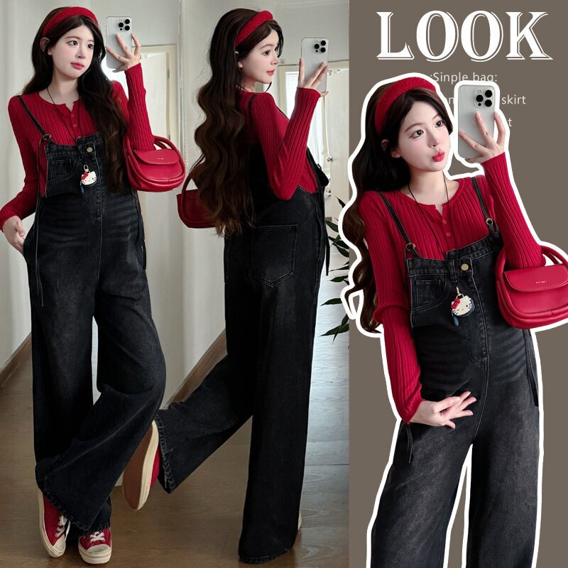 In-Stock Maternity Denim Overalls + Knitted Cardigan Top Maternity Overalls Set