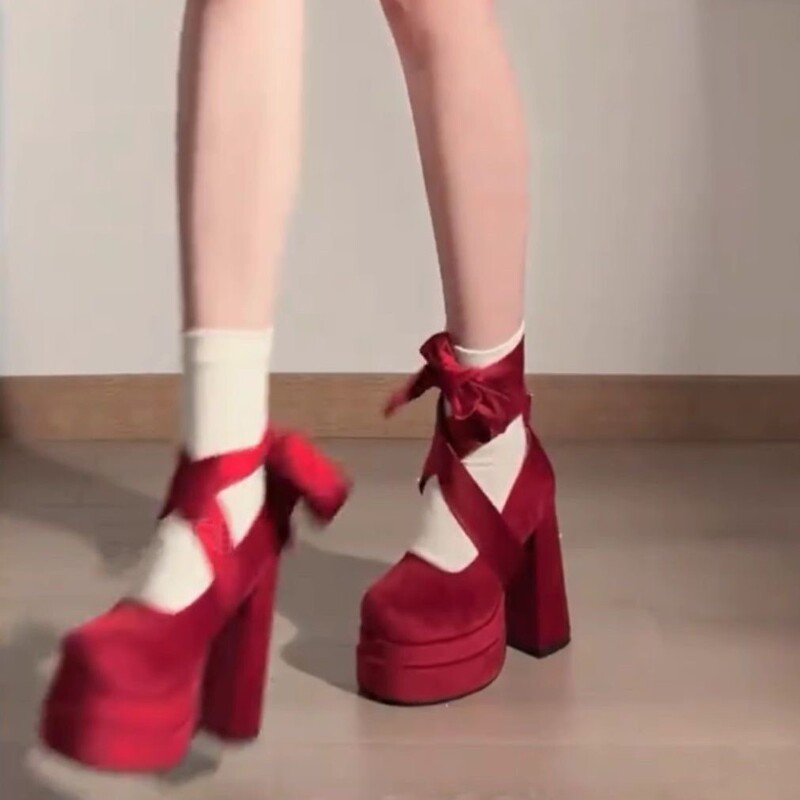 Red Thick-Soled New Chinese Style Shoes for Women, Waterproof Platform, Small Suede High Heels, Cross-Strap Round-Toe Mary Jane Shoes