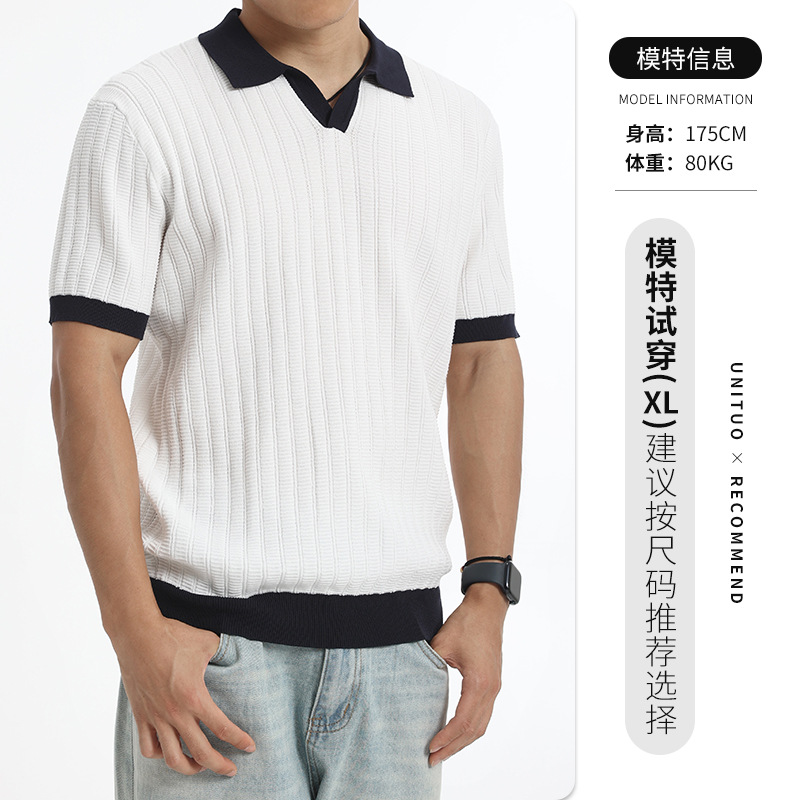 El antiguo viento de hielo de seda polo camisa de punto hombre color contrastante V-collar de negocios de verano casual camiseta de manga corta camiseta superior