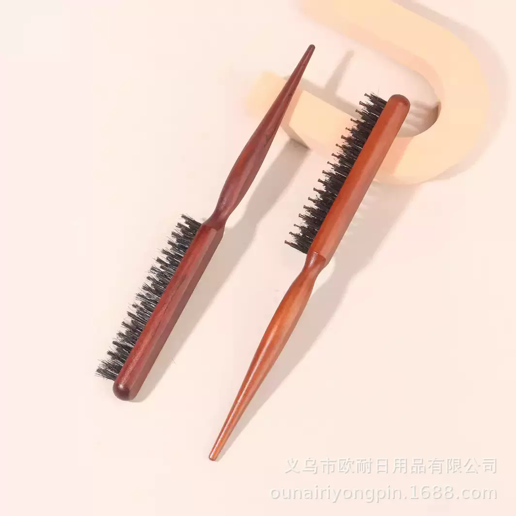 现货实木美发三排梳猪鬃毛梳子女打毛尖尾窄齿蓬松卷发化妆师专用
