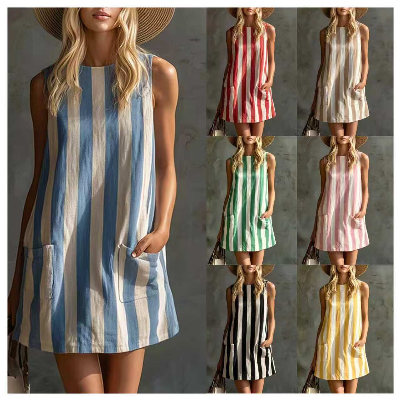 Fashionable retro small dress sleevless with a round collar