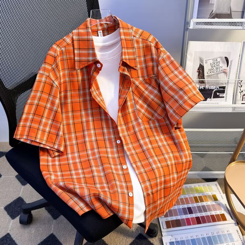 Orange Short-Sleeved Plaid Shirt Men's Summer Plaid Short-Sleeved Couple Shirt American Trendy Brand Versatile Casual Jacket Orange Short-Sleeved Plaid Shirt Men's Summer Plaid Short-Sleeved Couple Shirt American Trendy Brand Versatile Casual Jacket