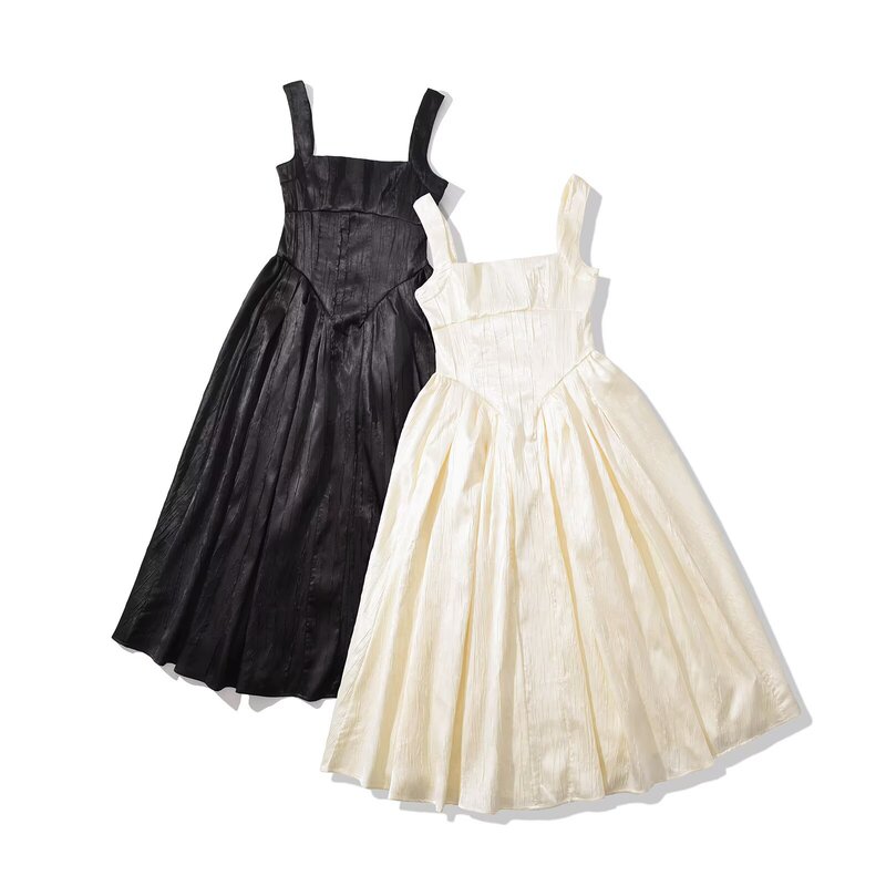 House Exquisite and Noble Black Texted Satin Corset Mid-Length dress Women's Summer Vacation Dress