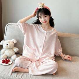 黁白女童睡衣夏季薄款儿童新款短袖长裤开衫家居服中大童公主风空