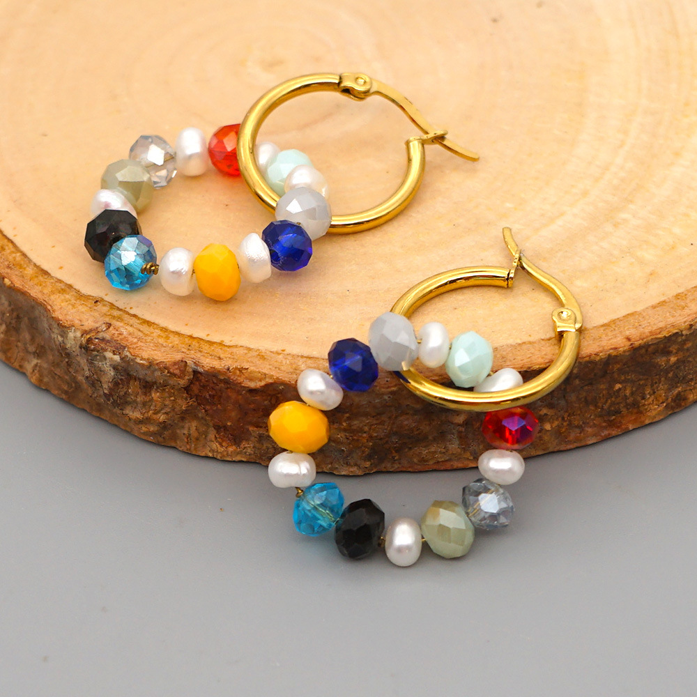 Bohemian Style Pearl Crystal Hoop Earrings display picture 3