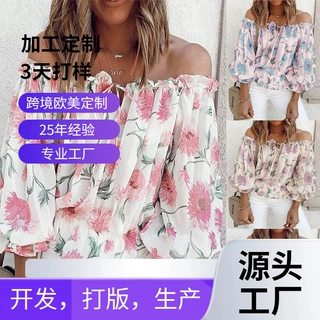 2026年新款欧美亚马逊外贸松紧一字领露肩雪纺衫宽松泡泡袖印花雪