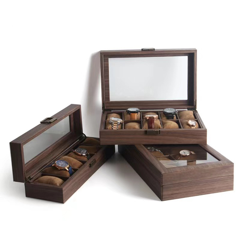 Dustproof Wood Grain Leather Watch Box Jewelry Storage Box Glass Skylight Wrist Watch Collection Box Bracelet Watch Display Box