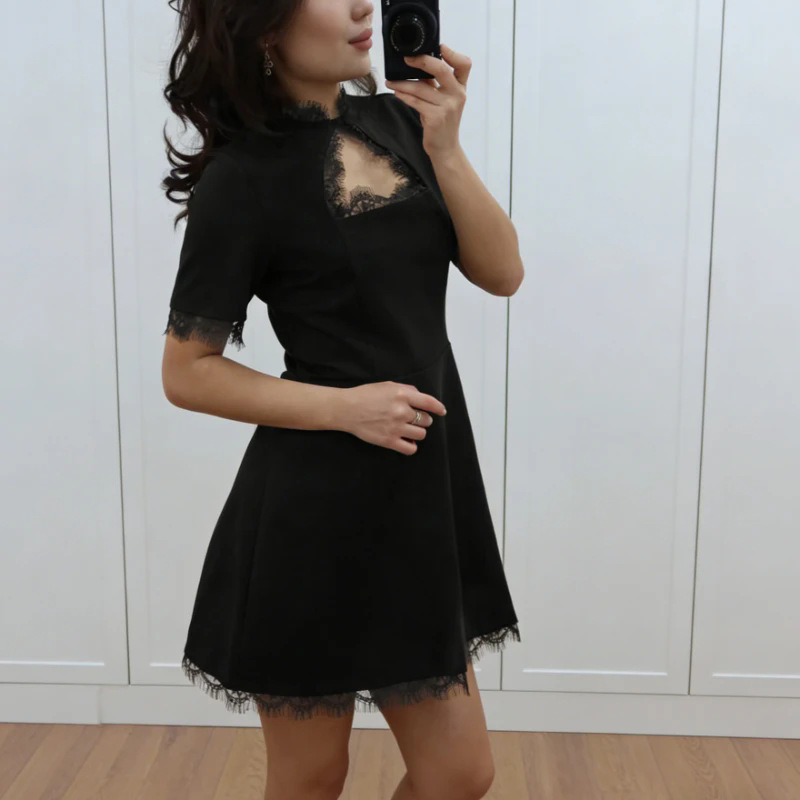 Women's Elegant Lace Panel Hollow Out Short Sleeve Belted A-Line Mini Dress – Casual Summer Black Gown_ecoleips.com