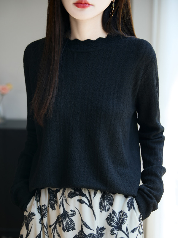 高级感蕾丝提花花边领针织衫女秋冬季新款精纺羊毛内搭毛衣打底衫|undefined