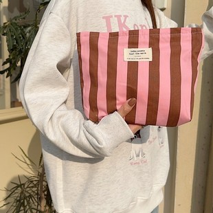 310175 Patchwork Striped Cosmetic Bag Zipper Canvas Travel Pack Large Capacity Cosmetic Storage Bag for Women