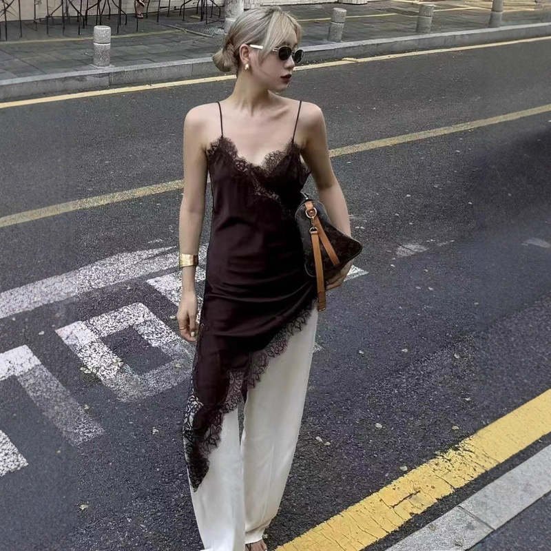 Cross-Border Women's Clothing Wholesale 2025 Summer New Style French Style Suspender Lace Asymmetrical Hem Dress