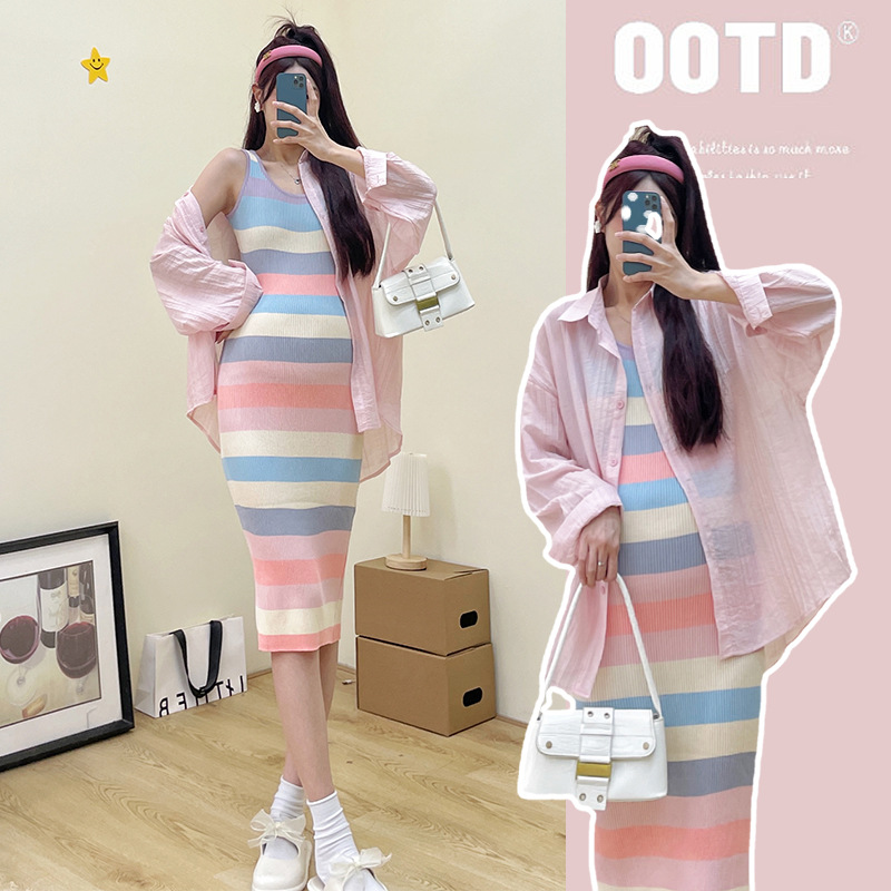 Xue Meifu Maternity Dress Spring And Summer Fashion Hot Mom Rainbow Stripes Slim Knitted Vest Dress Sunscreen Shirt