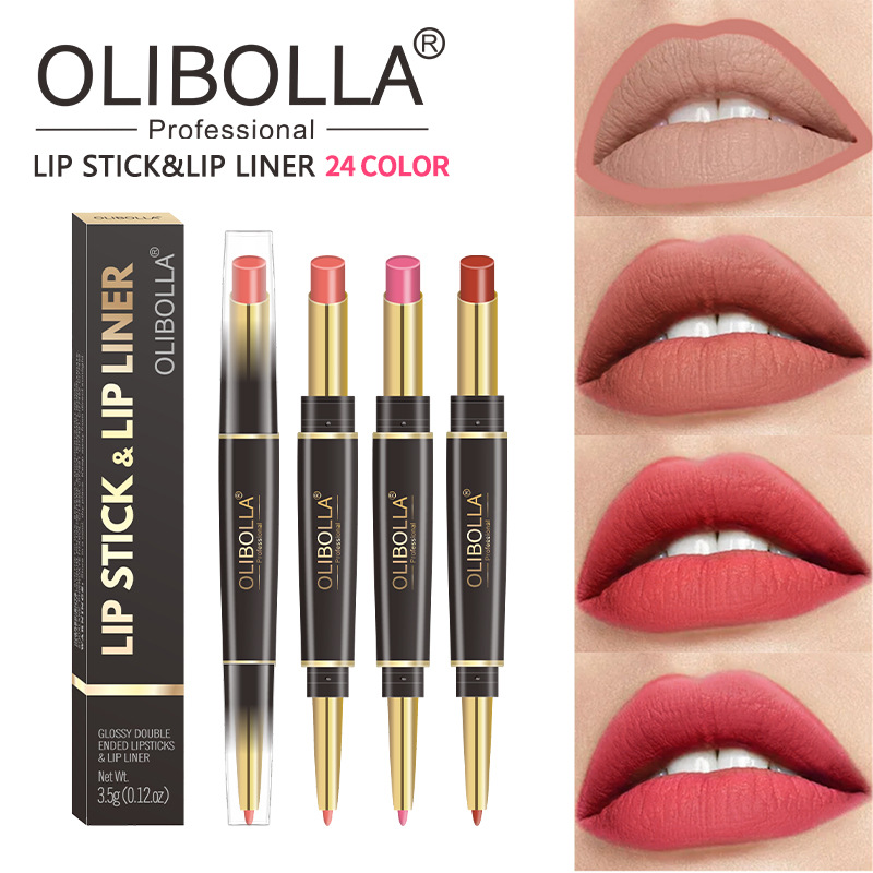 OLIBOLLA lápiz labial de doble cabeza delineador de labios 24 colores perlado color impermeable lápiz labial giratorio exclusivo transfronterizo