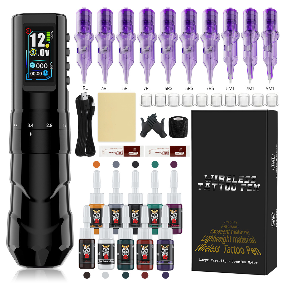 Máquina de tatuaje con motor sin núcleo de carrera ajustable de 4.2 mm, kit de tatuaje con batería dual, bolígrafo de punteado con batería, juego completo.