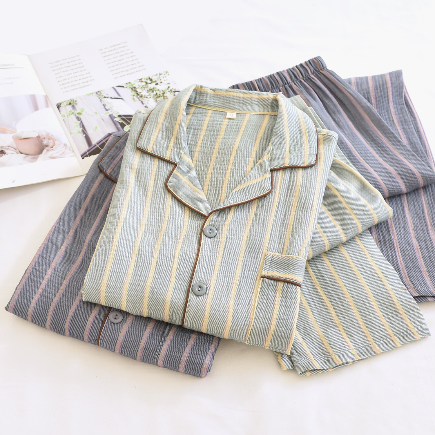Spring and Autumn New Cotton Crepe Vertical Strip Men's plus size Pajamas Simple Casual Long Sleeve Trousers Home Clothes suit