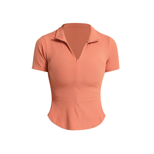 Spring and summer half-zip fitness wear women's short-sleeved sports running tops elastic tight sexy lapel short-sleeved T-shirts for women