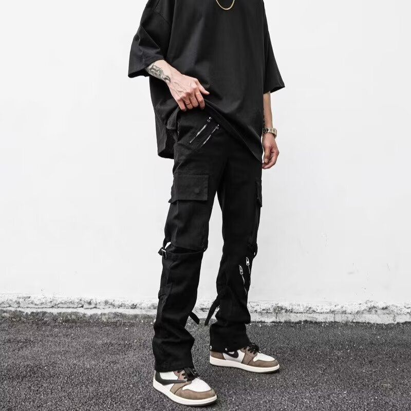 European and American Street Style Zipper Decorative Strap Pocket Straight Pants Men's Hip-Hop High Street Jeans
