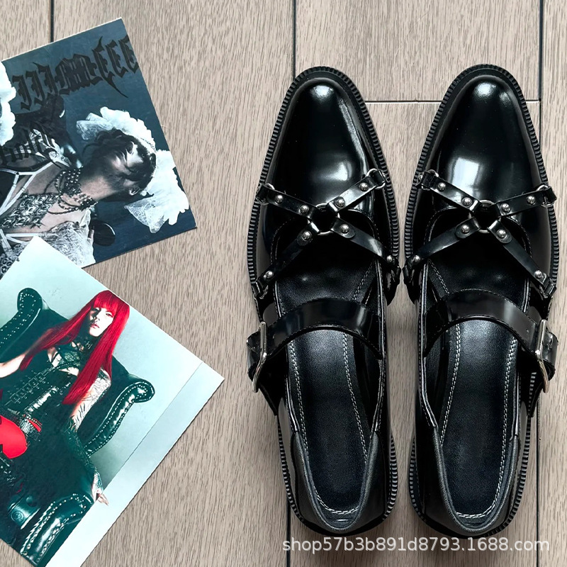 Retro shoes made of sheepskin leather with studs with a strap…