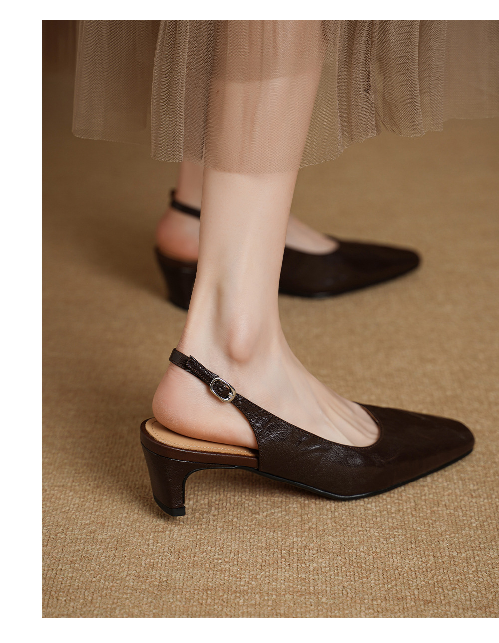 Sandal nữ da dê gót vuông 4.5 cm mũi kín hở gót phong cách Hàn Quốc — đen chi tiết 8