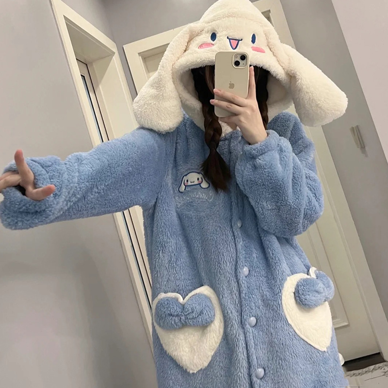 Yugui Dog Pajamas Women's Winter Thickened Fleece-Lined Coral Fleece Nightgown Women's Strawberry Bear Set Cartoon Cute Donald Duck