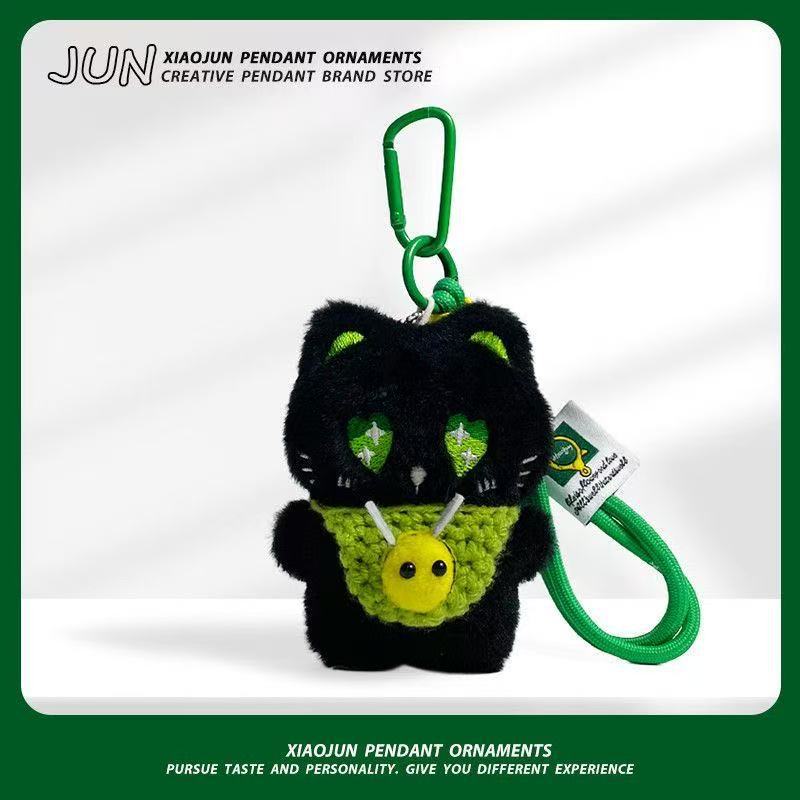 Super lindo gato negro lindo muñeca de peluche tejido bolso de mano pequeña abeja bolso de cuerda de mano colgante llavero colgante