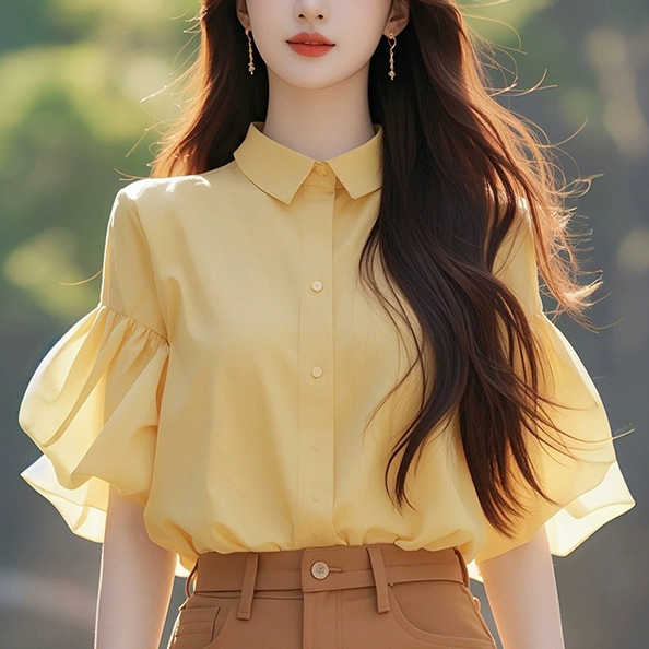 French Style Light Mature Niche Design Sense Chic Beautiful Shirt Mogo Fish Yuan Chuang Sweet Dopamine Yellow Shirt Summer